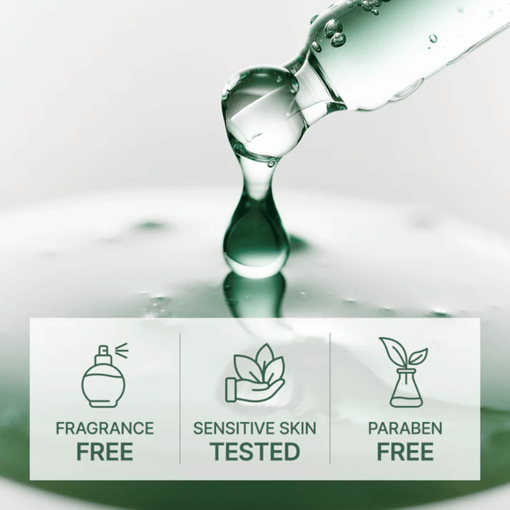 Sérum gouttant de la pipette avec des icônes montrant sans parfum, testé pour la peau sensible et formule sans parabènes.