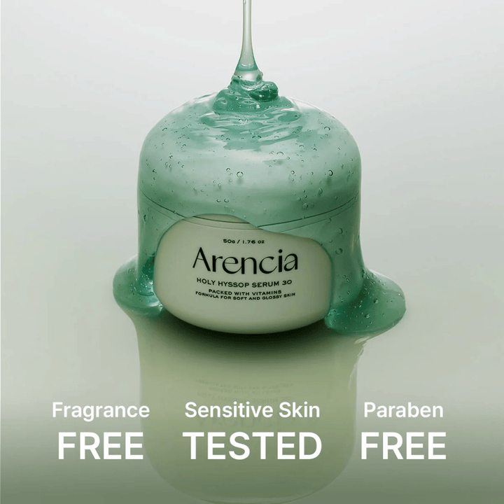Arencia Holy Hyssop Serum 30 – gel-sérum nourrissant avec vitamines, sans parfum ni parabènes, testé dermatologiquement pour les peaux sensibles.