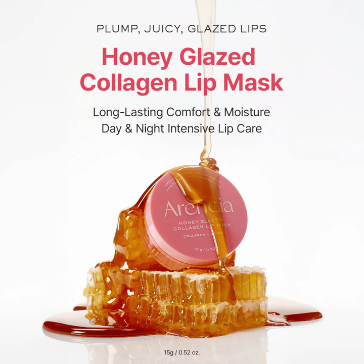 Image de campagne où le produit est présenté avec du miel coulant et du rayon de miel pour illustrer la formule nourrissante et hydratante au collagène et au miel.