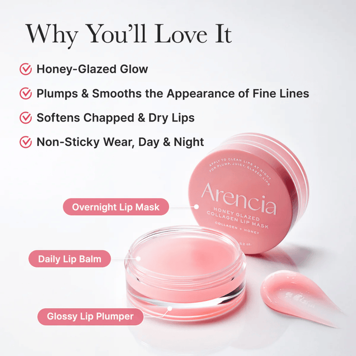Image produit avec pot ouvert et applicateur mettant en avant des bénéfices comme un éclat effet honey-glazed, des lèvres plus douces et une utilisation agréable de jour comme de nuit.