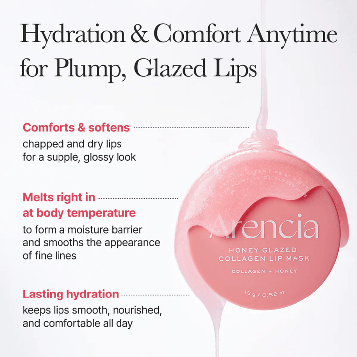 Image d'information décrivant comment le masque pour les lèvres adoucit les lèvres sèches, fond à la température du corps et procure un confort et une hydratation longue durée.