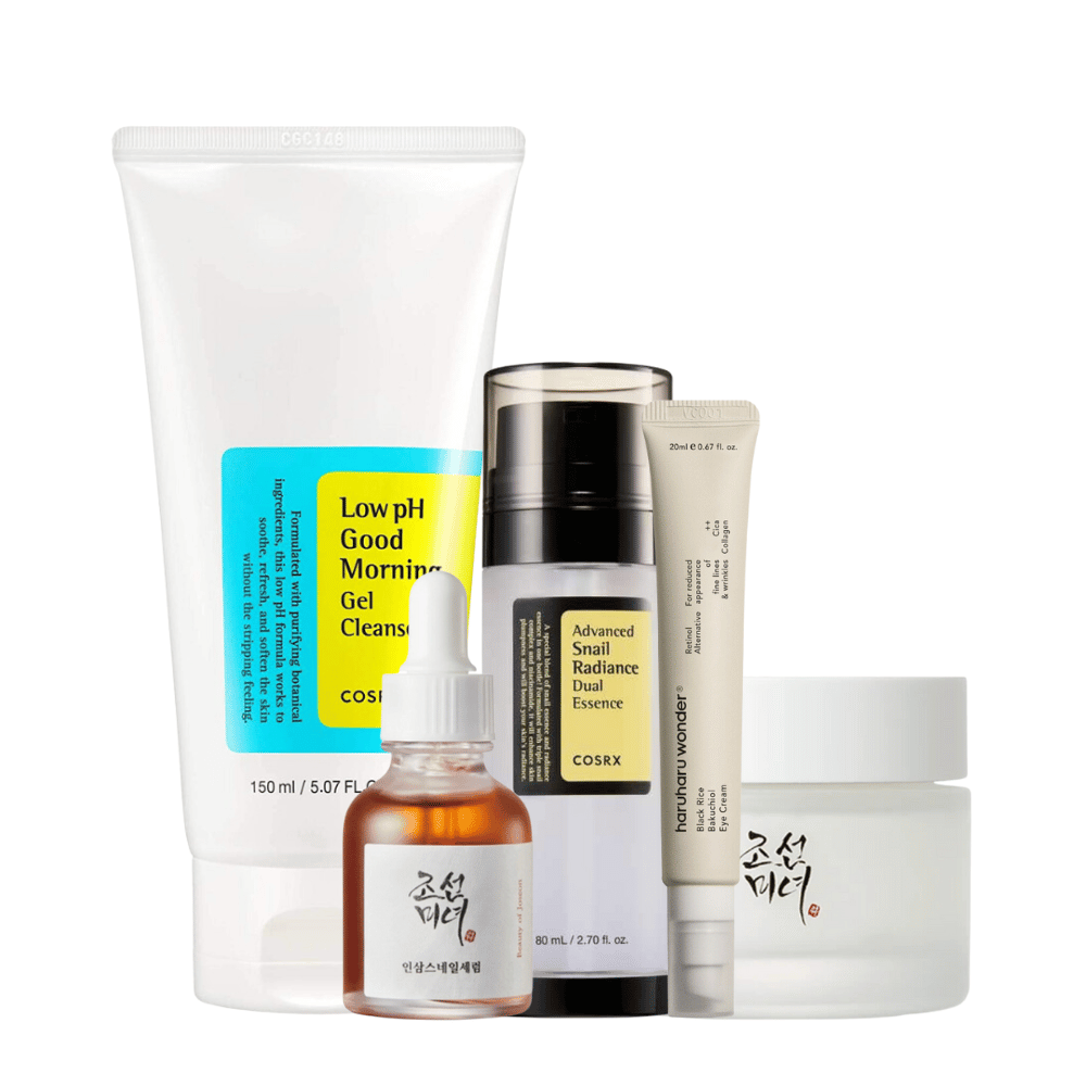 Une sélection de K-Beauty Mature Skin Time Revers Kit pour les signes de l'âge sur fond blanc.
