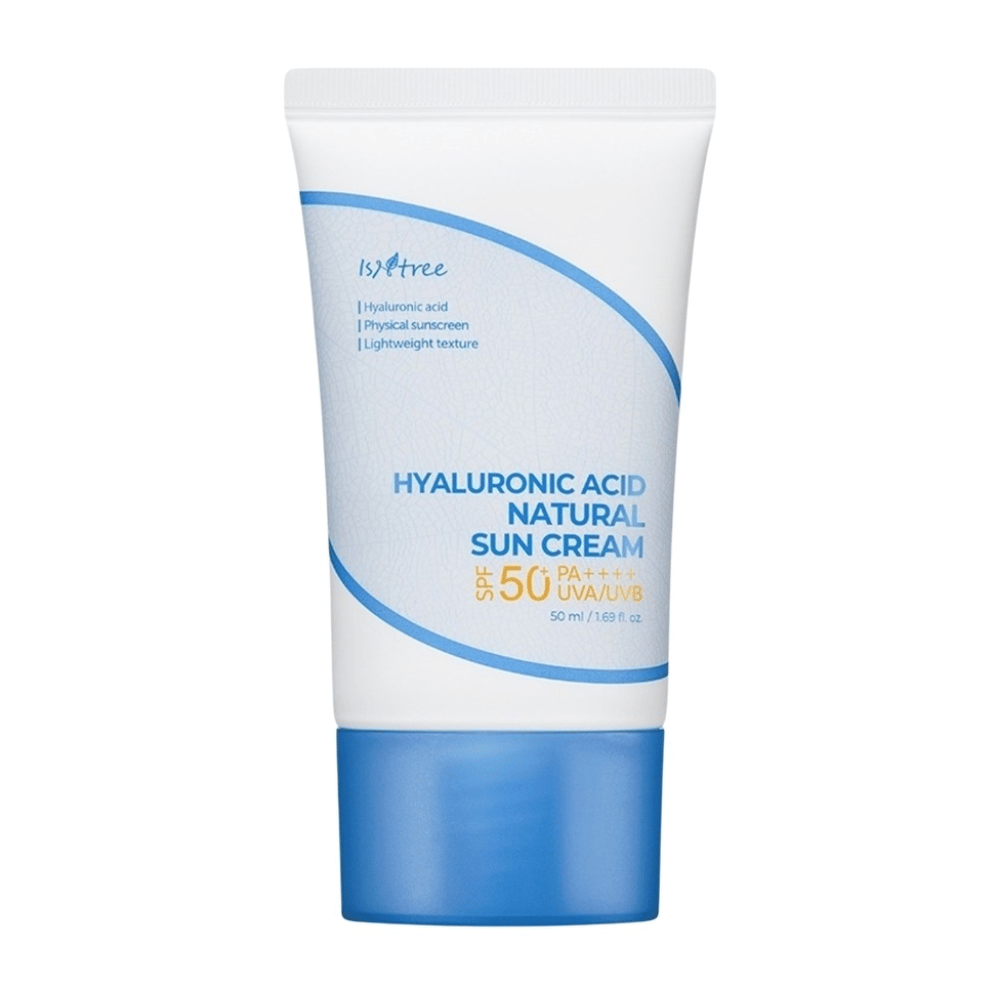 Isntree Hyaluronic Acid Natural Sun Cream avec SPF50+ PA++++ protège contre les UVA/UVB, hydrate avec de l'acide hyaluronique et convient aux peaux sensibles grâce à sa formule légère, physique et non comédogène.