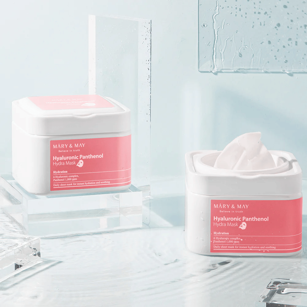 Mary & May Hyaluronic Panthenol Hydra Mask – masque facial intensément hydratant avec acide hyaluronique et panthénol pour peau sèche et sensible