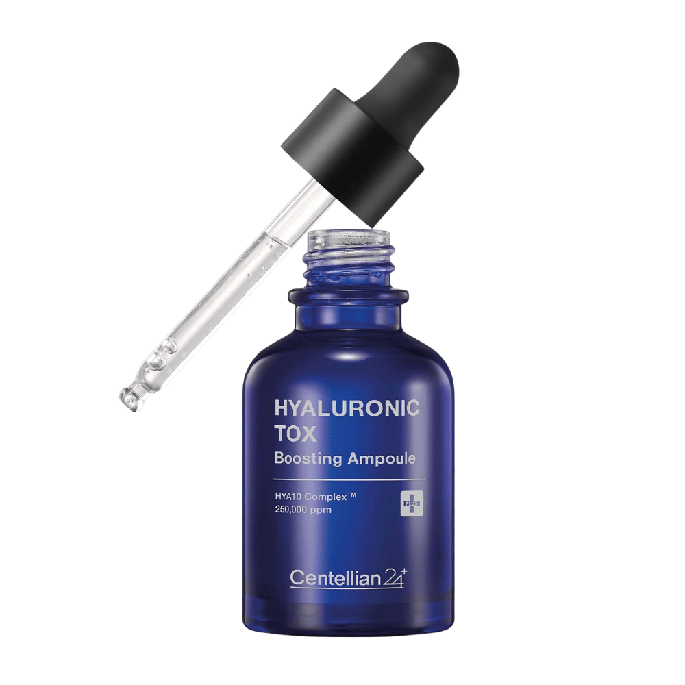 5. Centellian24 Hyaluronic Tox Boosting Ampoule – flacon en verre bleu avec sérum visage hydratant et pipette