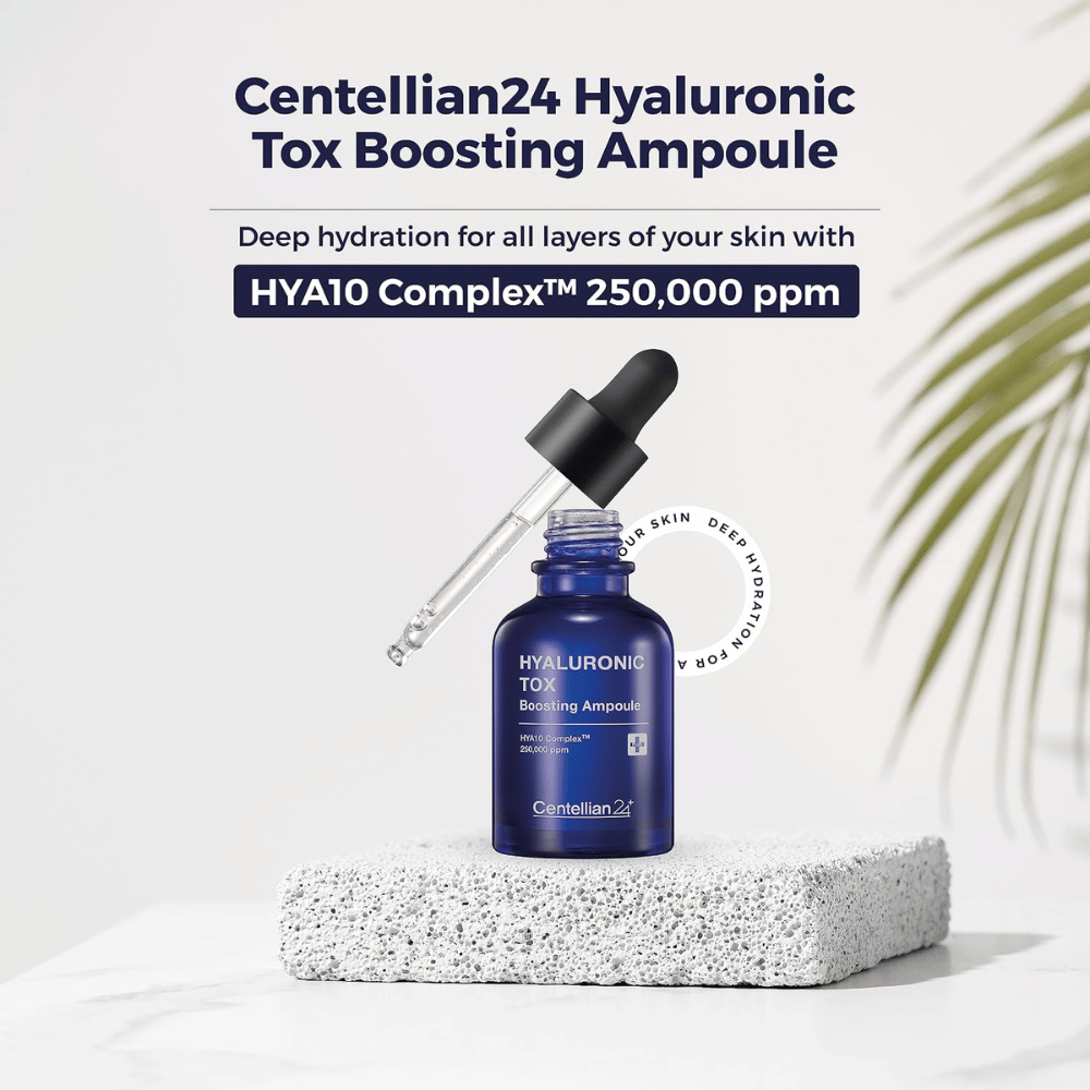 4. Centellian24 Hyaluronic Tox Boosting Ampoule – flacon de sérum bleu avec pipette et complexe HYΛ10