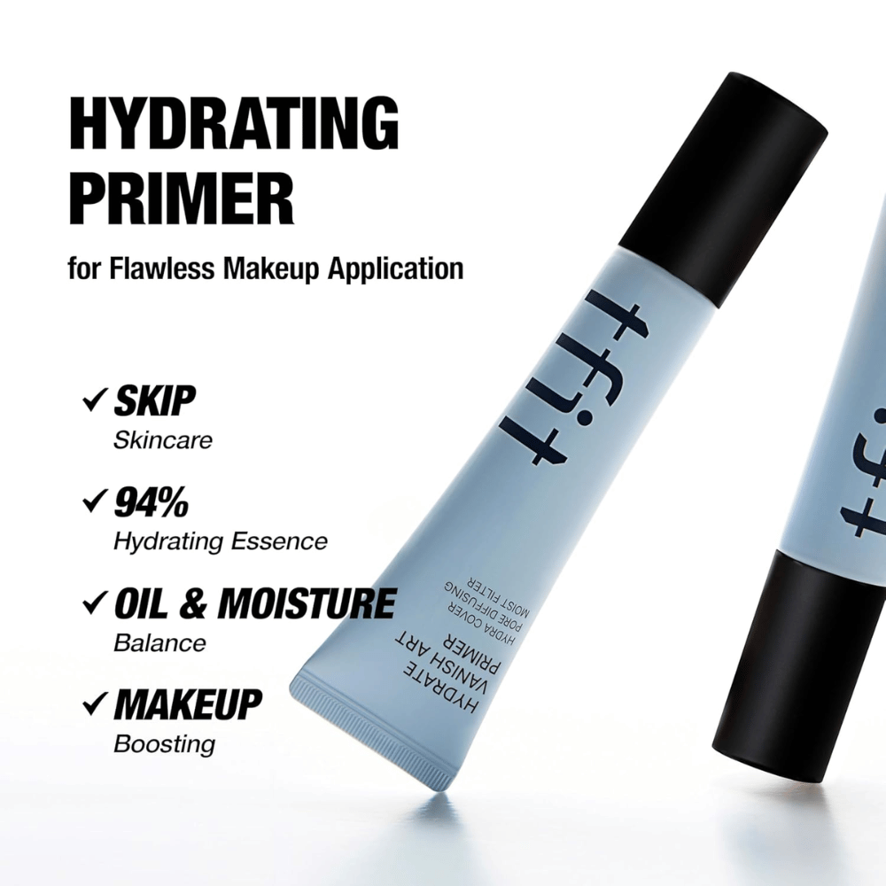 TFIT Hydrate Vanish Art Primer est présenté avec un texte informatif sur les avantages du produit, y compris 94 % d'essence hydratante et équilibre d'huile – conçu pour une base de maquillage plus uniforme.