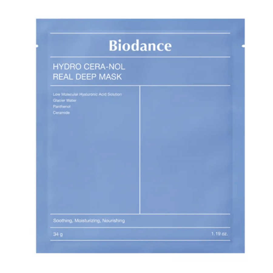 L'emballage montre "Biodance Hydro Cera-Nol Real Deep Mask". C'est un masque facial apaisant, hydratant et nourrissant contenant de l'acide hyaluronique à faible poids moléculaire, de l'eau de glacier, du panthénol et des céramides. Le design est simple avec une teinte bleue apaisante.