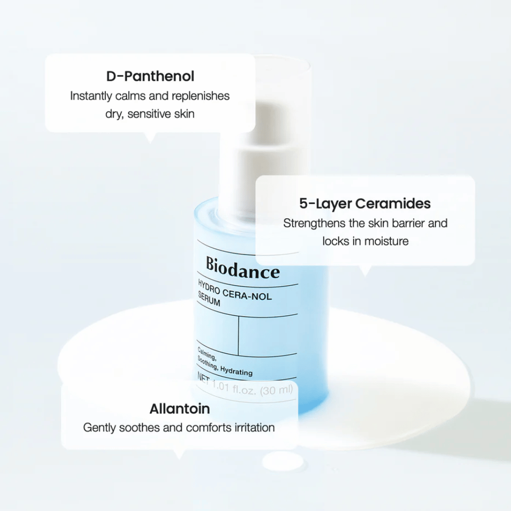 D-Panthénol – Apaise et hydrate la peau sensible.
Céramides 5 couches – Renforce la barrière cutanée et retient l'humidité.
Allantoïne – Adoucit et réduit l'irritation.
