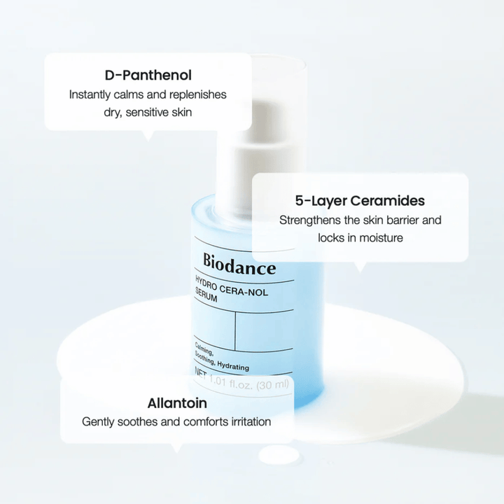 D-Panthénol – Apaise et hydrate la peau sensible.
Céramides 5 couches – Renforce la barrière cutanée et retient l'humidité.
Allantoïne – Adoucit et réduit l'irritation.