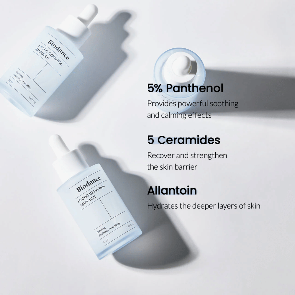 Biodance Hydro Cera-Nol Ampoule – Hydratation intensive et renforcement de la barrière cutanée.

💙 5% Panthénol – Apaise et réduit les irritations cutanées.
🛡️ 5 Céramides – Reconstruit et renforce la barrière protectrice de la peau.
💧 Allantoïne – Hydratation profonde pour une peau plus douce.

Parfait pour les peaux sensibles et sèches nécessitant des soins supplémentaires!