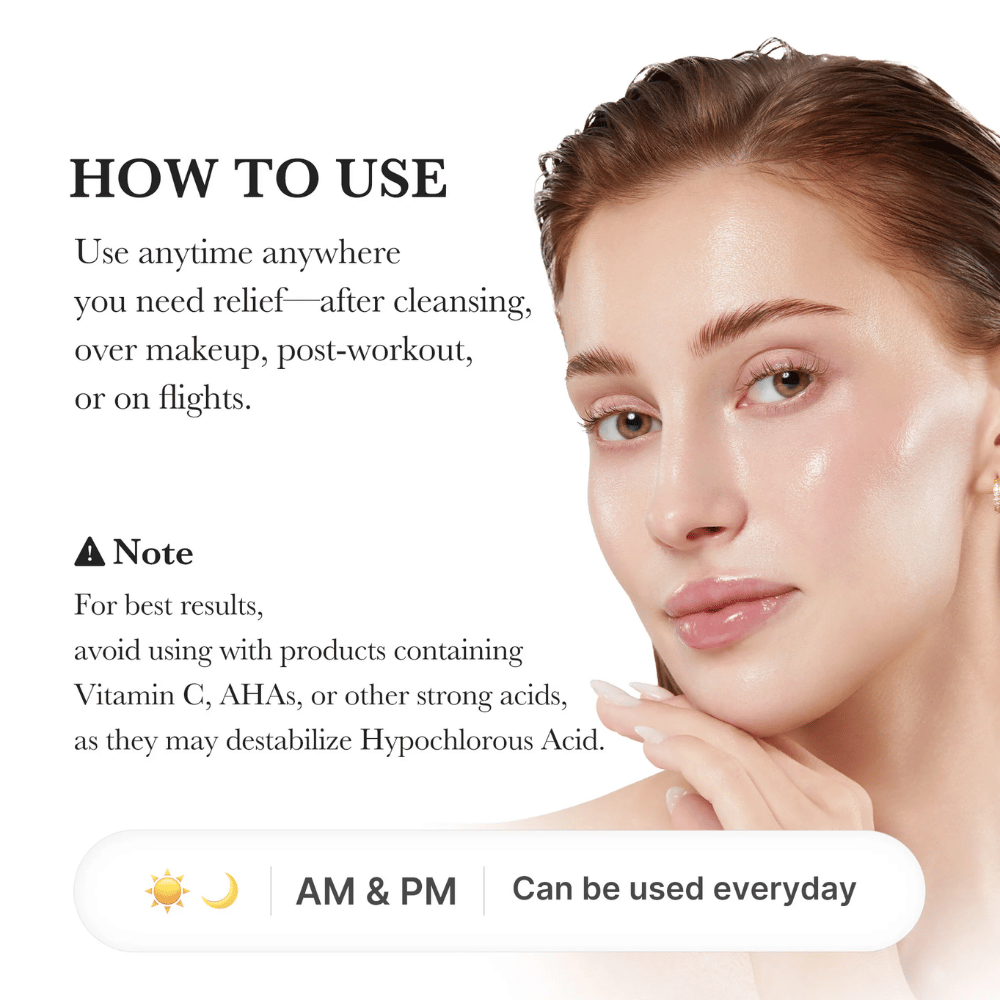 Guide d’utilisation montrant un modèle avec une peau hydratée et éclatante. L’image explique que le spray peut être utilisé après le nettoyage, par-dessus le maquillage, après l’entraînement ou pendant les voyages. Elle contient également des informations indiquant d’éviter l’utilisation avec des acides puissants comme les AHA et la vitamine C.