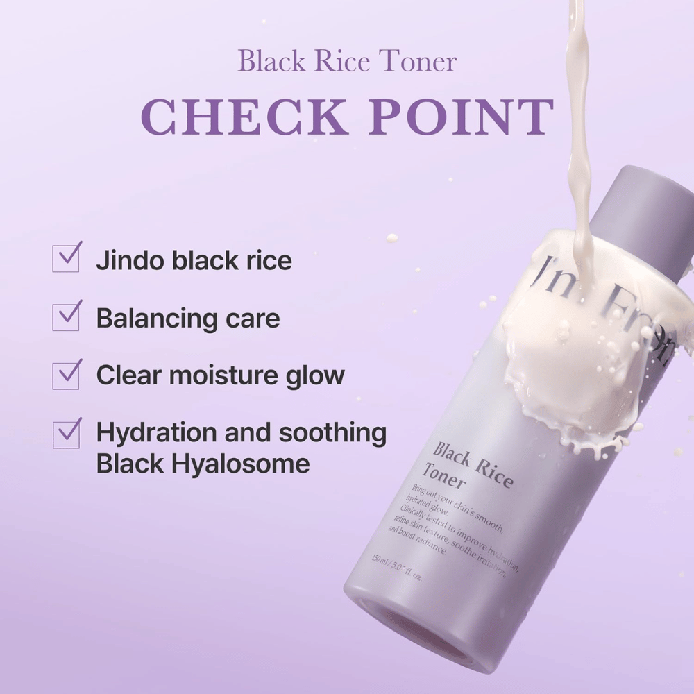 I'm From Black Rice Toner avec des propriétés hydratantes et apaisantes. Flacon violet avec texture de produit crémeuse et informations sur les ingrédients.