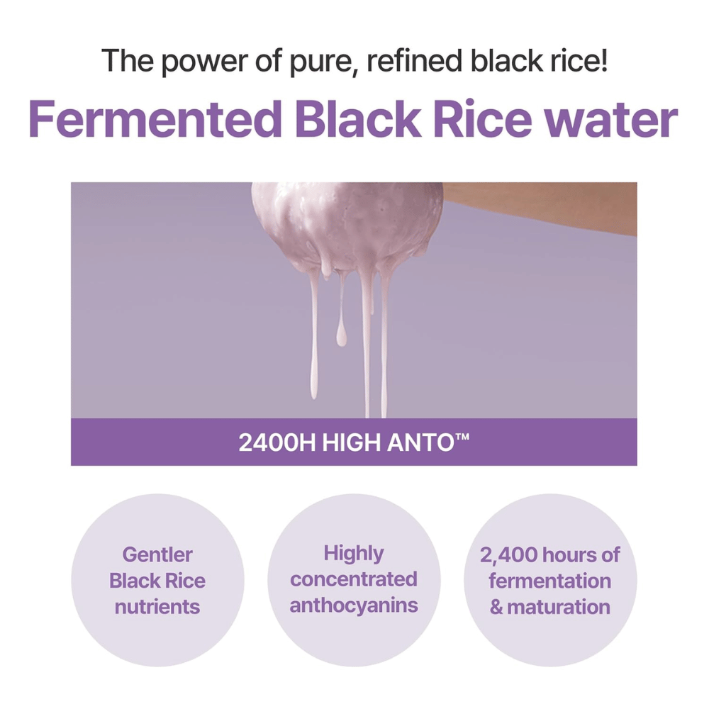 I'm From Black Rice Toner avec de l’eau de riz noir fermentée. Illustration des propriétés de l’ingrédient et du processus de fermentation.