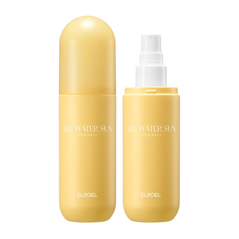 ELROEL Ice Water Sun Mist SPF 40 PA+++ image produit avec flacon fermé et ouvert montrant un design pratique pour une application facile de la protection solaire en spray