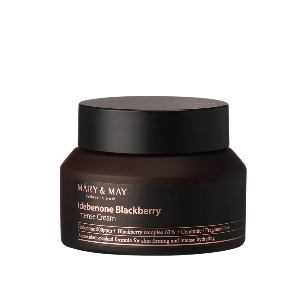 Un pot de MARY & MAY Idebenone Blackberry Intense Cream. Cette crème contient 500 ppm d'idébénone, 63% de complexe de mûre et des céramides, conçue pour offrir une hydratation intense et de la fermeté à la peau. Formule sans parfum et enrichie en antioxydants.