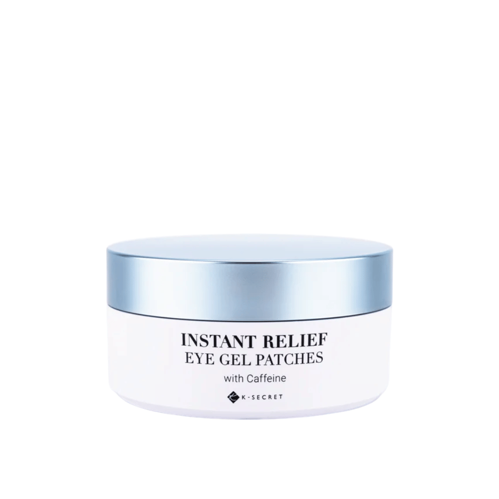 Boîte avec K-Secret Instant Relief Eye Gel Patches avec caféine et couvercle bleu.