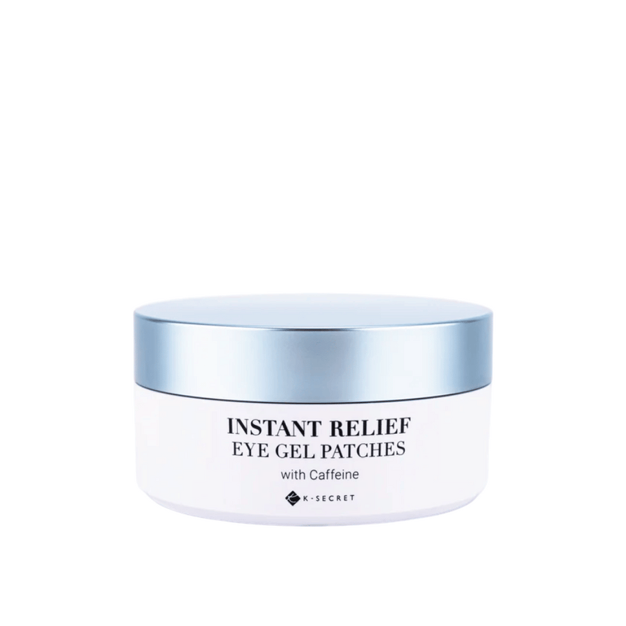 Boîte avec K-Secret Instant Relief Eye Gel Patches avec caféine et couvercle bleu.