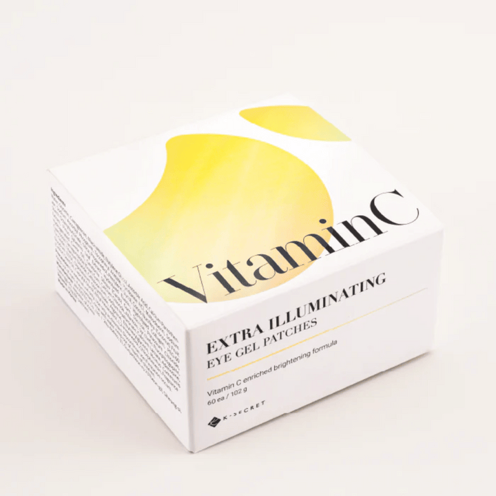 Emballage de K-Secret Extra Illuminating Eye Gel Patches avec vitamine C en design blanc et jaune.