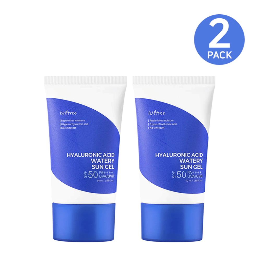 Deux tubes Isntree Hyaluronic Acid Watery Sun Gel Set avec SPF 50+ ensemble de protection solaire.