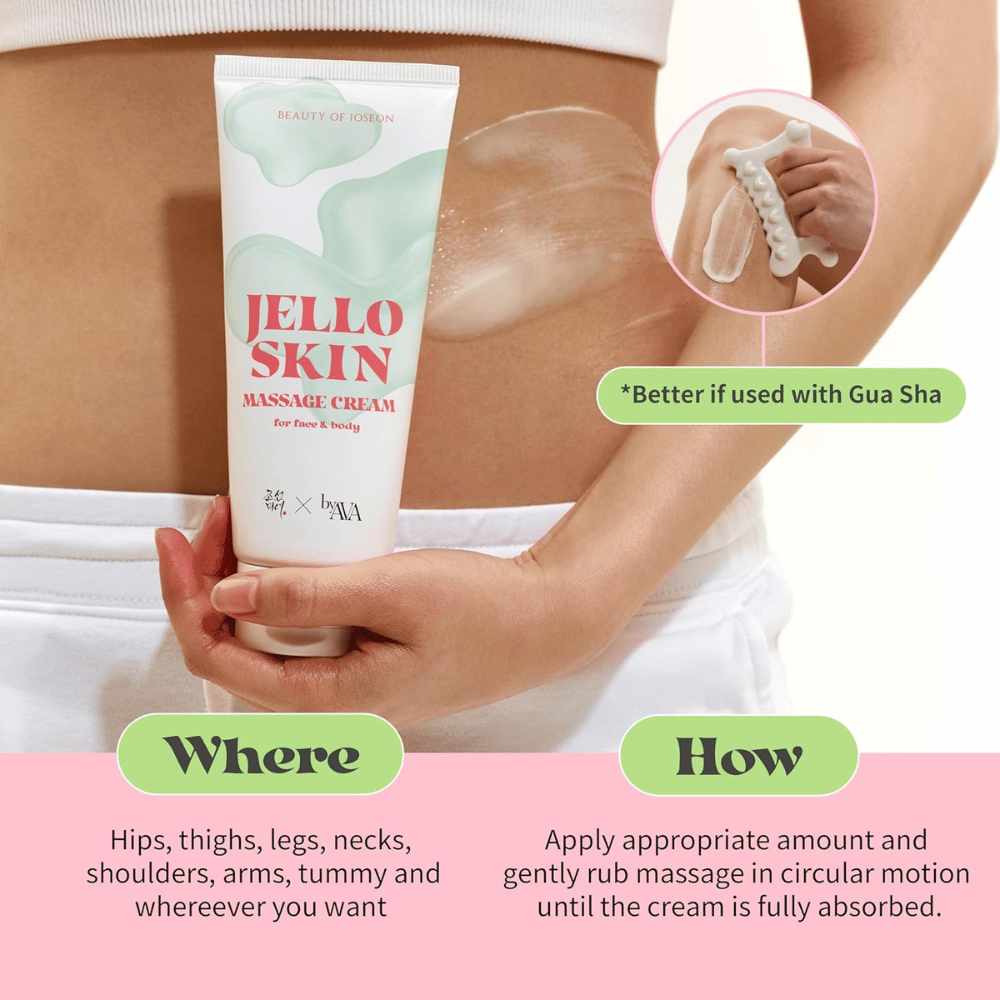 Beauty of Joseon Jello Skin Massage Cream s’utilise sur le ventre et le corps pour un massage hydratant avec une glisse douce et agréable.
