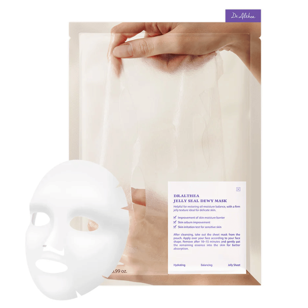 Dr.Althea Jelly Seal Dewy Mask – un masque en feuille hydratant avec une texture semblable à un gel qui renforce la barrière d'hydratation de la peau, équilibre la production de sébum et apaise la peau sensible.