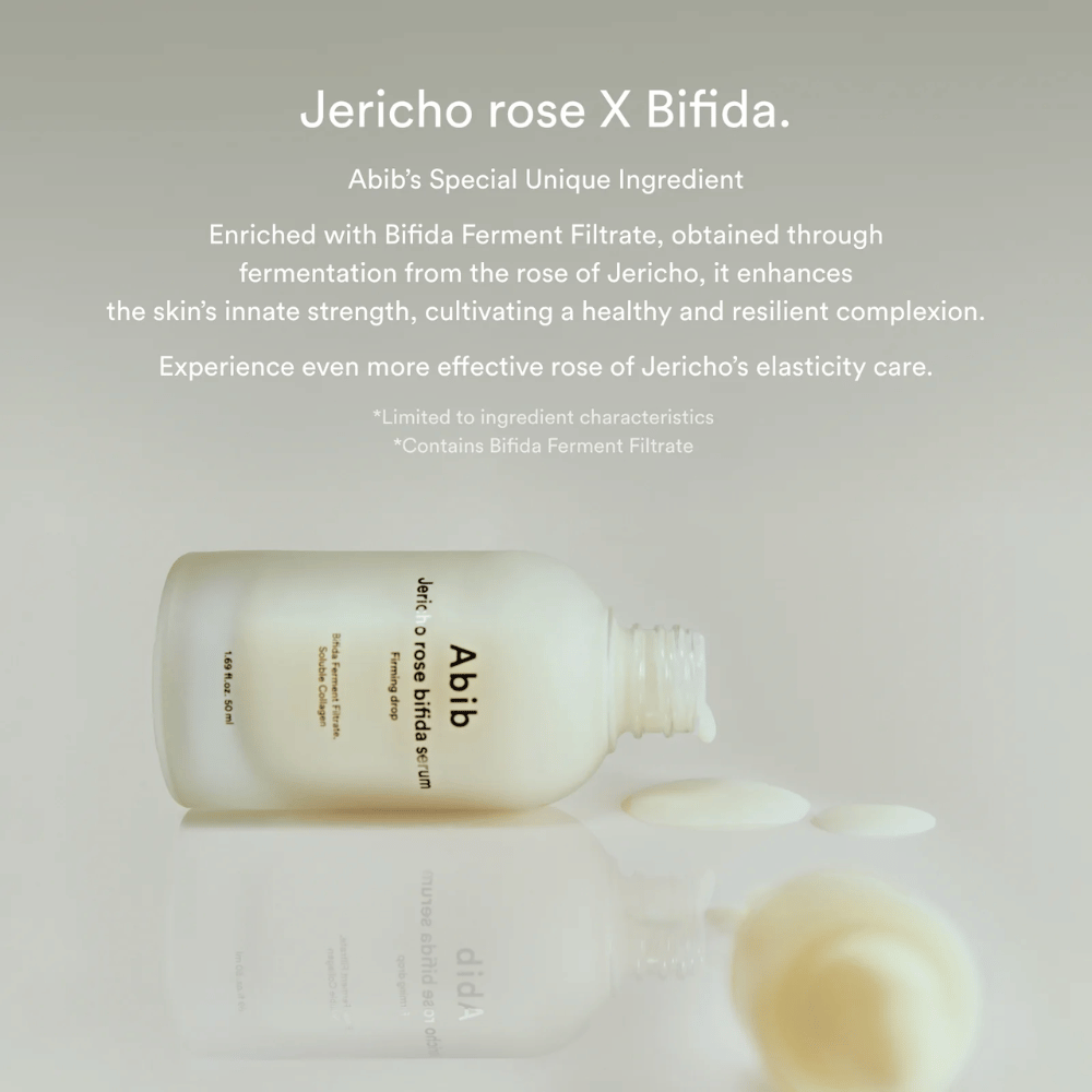 Image informative mettant en avant la combinaison de Rose de Jéricho et de Bifida Ferment Filtrate pour une peau plus forte et plus élastique.