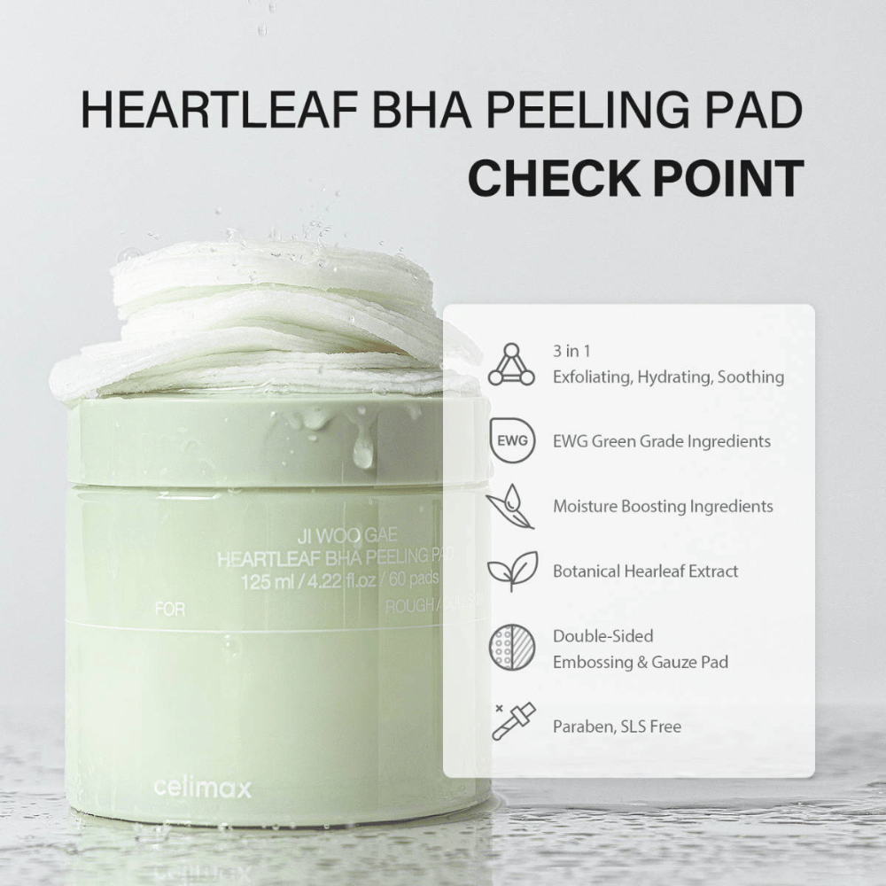 Celimax Ji Woo Gae Heartleaf BHA Peeling Pad est un produit multifonctionnel qui exfolie, hydrate et apaise la peau. Avec une classification verte EWG, il contient des ingrédients hydratants et un extrait de feuille de cœur botanique.