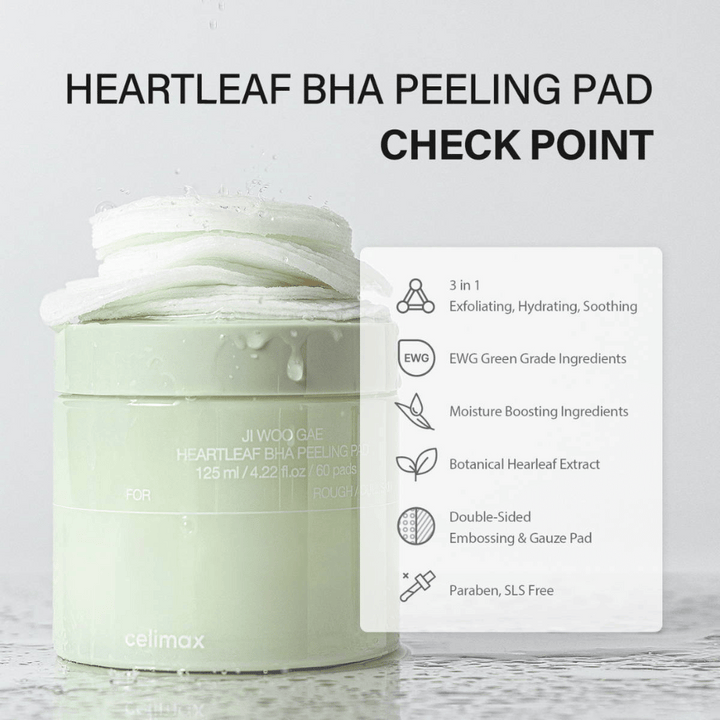 Celimax Ji Woo Gae Heartleaf BHA Peeling Pad est un produit multifonctionnel qui exfolie, hydrate et apaise la peau. Avec une classification verte EWG, il contient des ingrédients hydratants et un extrait de feuille de cœur botanique.