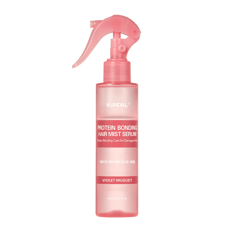 KUNDAL Sérum Brume Cheveux à Liaison Protéique Violet Muguet dans un flacon pulvérisateur rose, 150 ml, pour cheveux abîmés avec effet fortifiant et réparateur.