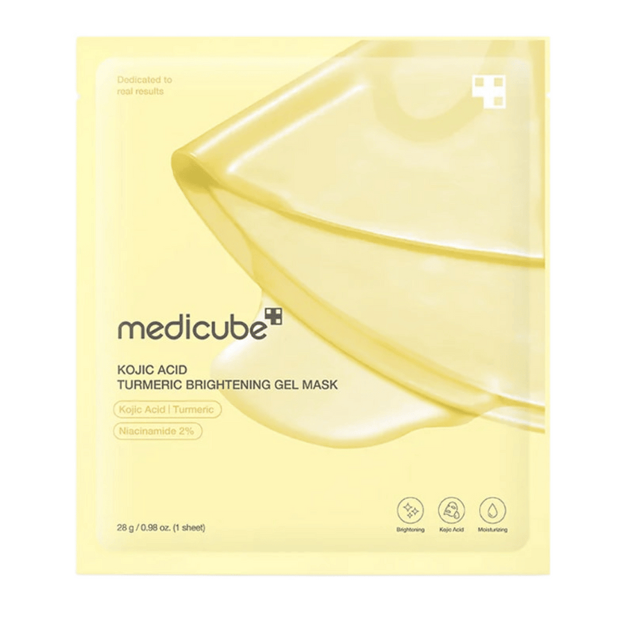 Medicube Kojic Acid Turmeric Brightening Gel Mask – emballage jaune avec image de masque en gel et marquages clairs des ingrédients.