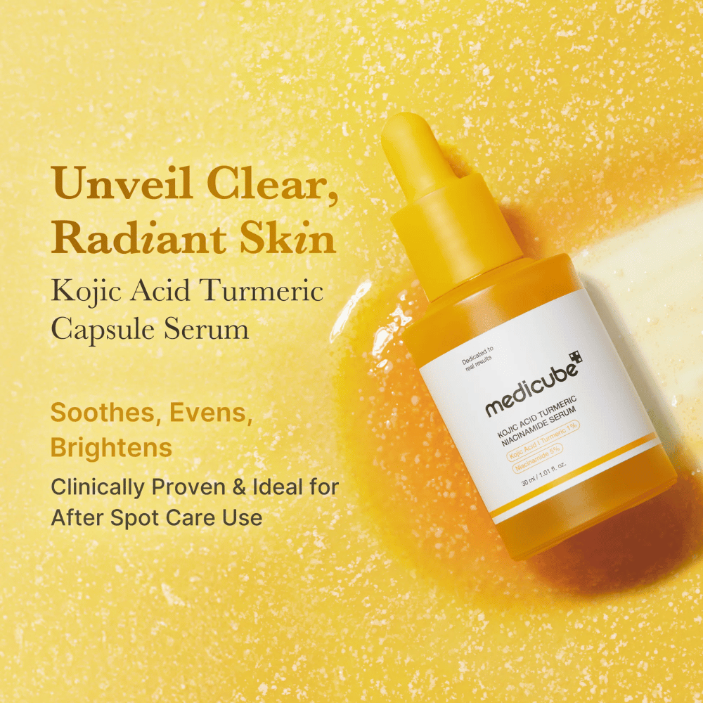 Image de campagne de Medicube Kojic Acid Turmeric Niacinamide Serum avec une palette de couleurs jaune intense qui met en valeur l’éclat, la luminosité et les propriétés améliorant l’apparence de la peau. L’accent est mis sur l’apaisement de la peau, l’unification du teint et l’obtention d’un aspect plus net après des soins post-acné.