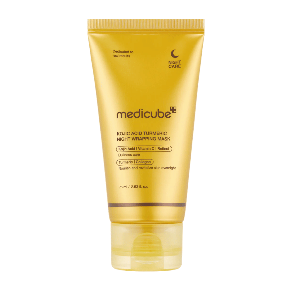 Medicube Kojic Acid Turmeric Night Wrapping Mask 75 ml dans un emballage doré avec de l’acide kojique, du curcuma, de la vitamine C et du collagène pour un soin éclat nocturne.