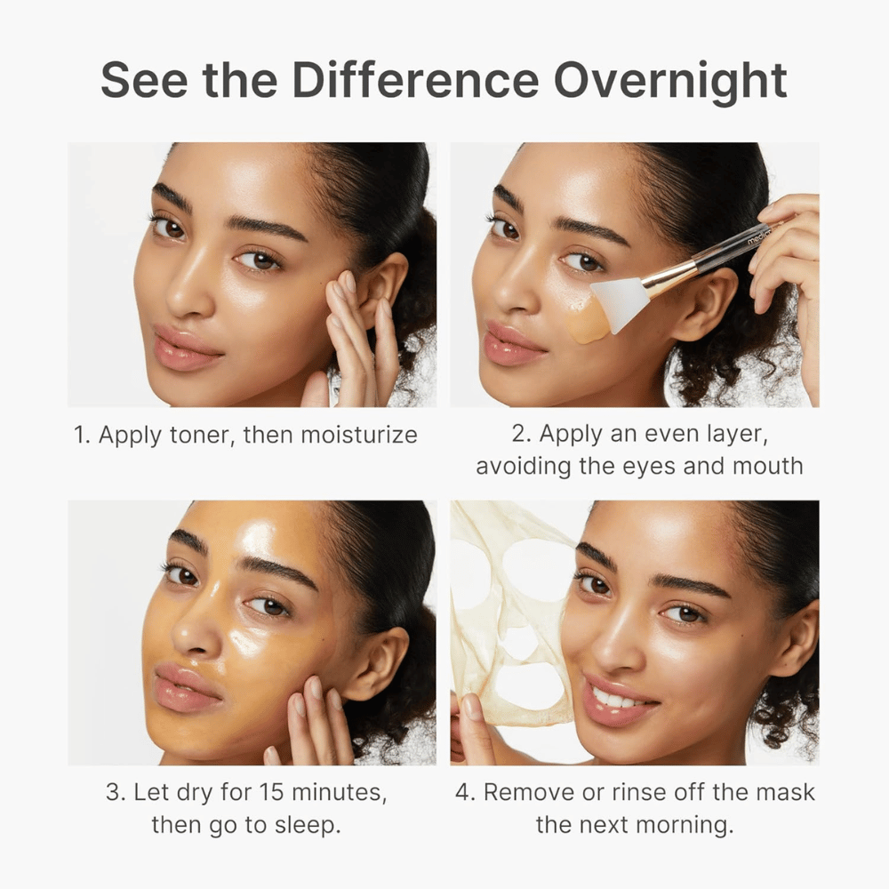 Medicube Kojic Acid Turmeric Night Wrapping Mask s’applique comme masque de nuit en quatre étapes pour une peau plus claire, plus uniforme et plus éclatante pendant la nuit.