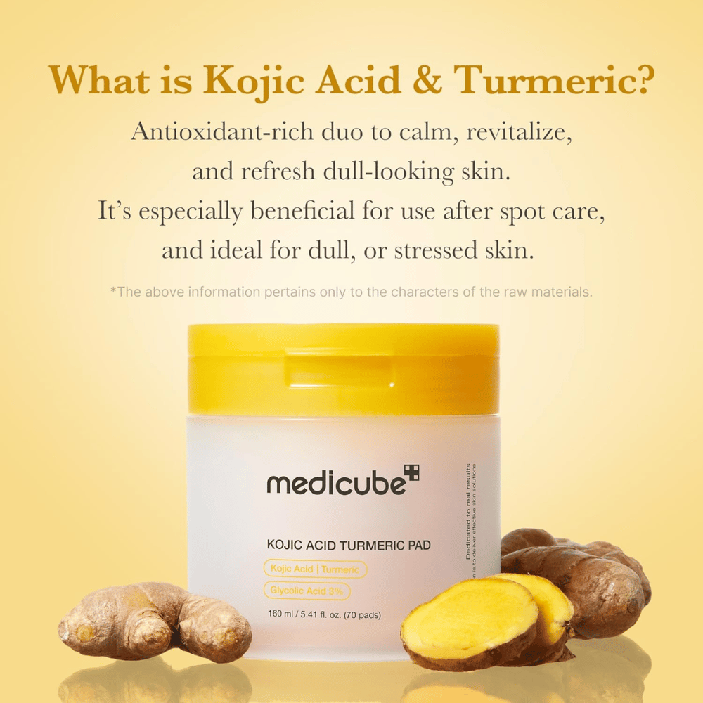 Image informative pour Medicube Kojic Acid Turmeric Pad mettant l’accent sur l’acide kojique et le curcuma comme ingrédients riches en antioxydants pour l’éclat, un effet apaisant et une peau rafraîchie.