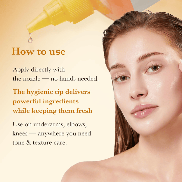 Image d’utilisation de Medicube Kojic Acid Turmeric Resurfacing Toner montrant une application hygiénique directement avec l’embout applicateur pour le soin du teint et de la texture de la peau, par exemple sur les coudes et les genoux.