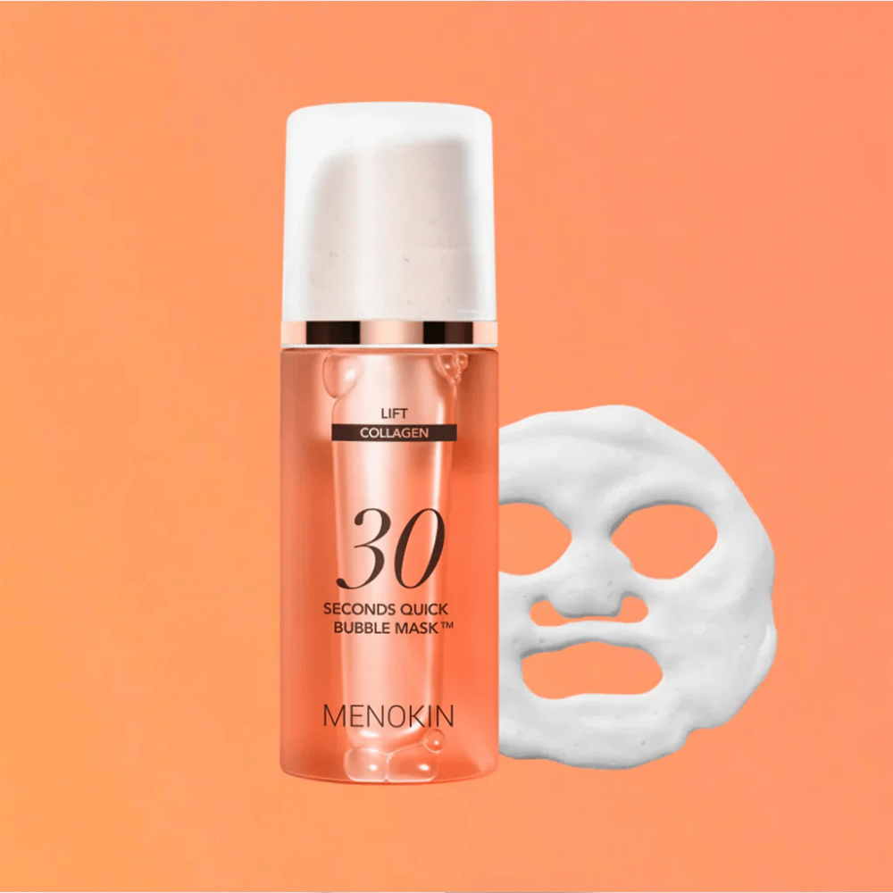 Image produit de MENOKIN LIFT 30 Seconds Quick Bubble Mask avec fond orange et forme de masque en mousse symbolisant un masque visage rapide et efficace en seulement 30 secondes.