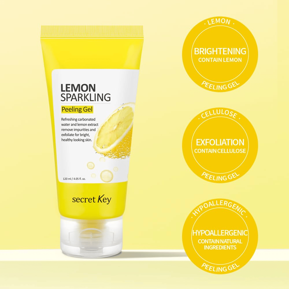 Secret Key Lemon Sparkling Peeling Gel – contient du citron et de la cellulose pour exfolier, donner de l'éclat et adoucir la peau, doux pour les peaux sensibles.