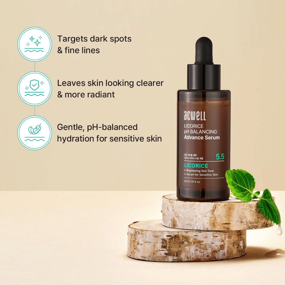 Image produit décrivant les bienfaits du sérum pour les taches brunes, les ridules et la peau sensible avec une hydratation équilibrée en pH.