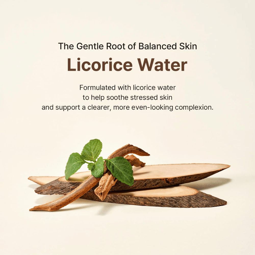 Image informative sur l’eau de réglisse et ses effets apaisants et unifiants sur la peau.