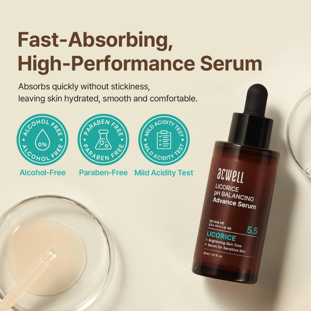 Image informative mettant en avant la formule du sérum à absorption rapide ainsi que le fait qu’elle est sans alcool, sans parabènes et testée au pH pour les peaux sensibles.