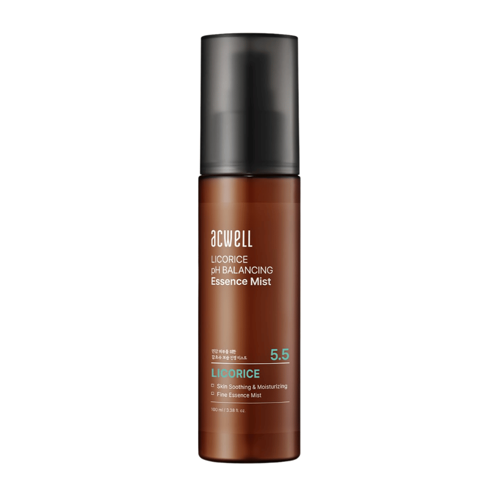Image du produit Acwell Licorice pH Balancing Essence Mist dans un flacon spray brun. Brume essence hydratante avec extrait de réglisse et pH équilibrant pour la peau de 5,5, qui aide à apaiser et à rafraîchir la peau.