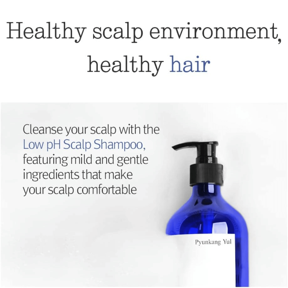 Image informative mettant en avant Pyunkang Yul Low pH Scalp Shampoo et sa formule douce pour un environnement du cuir chevelu équilibré et sain.