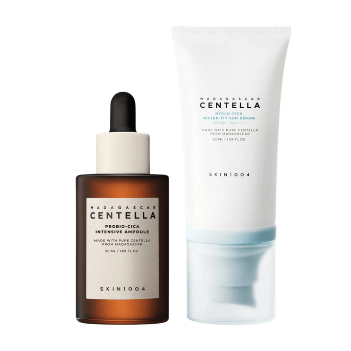 Deux produits de soin de la peau de SKIN1004 sont présentés : une ampoule et un sérum solaire, tous deux contenant de la centella de Madagascar.