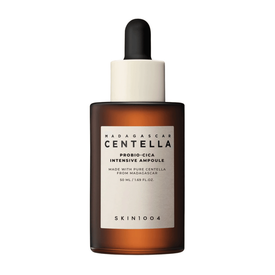 Bouteille avec "Madagascar Centella Probio-Cica Intensive Ampoule" de SKIN1004, soins de la peau avec centella de Madagascar.