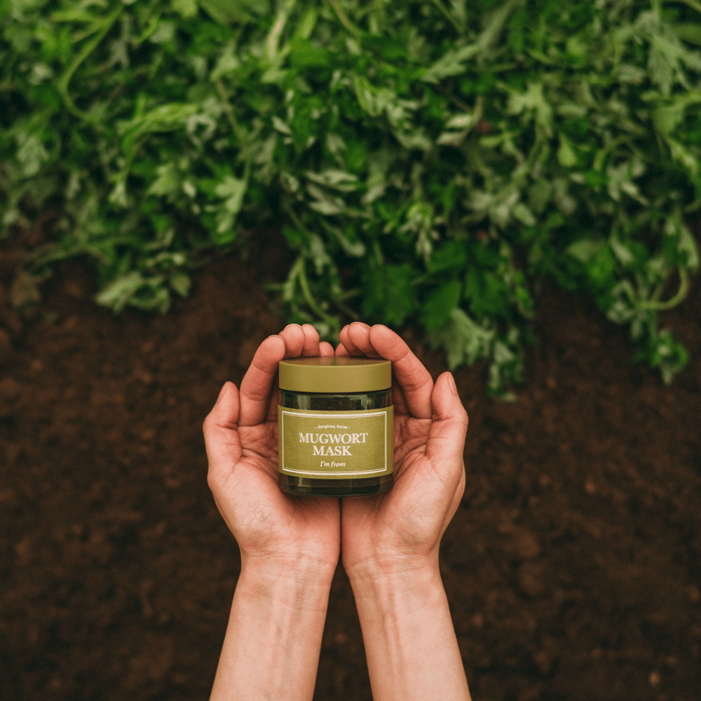 Mains tenant I'm From Mugwort Mask sur un fond de terre et d'herbes fraîches, mettant en valeur les ingrédients naturels du produit.