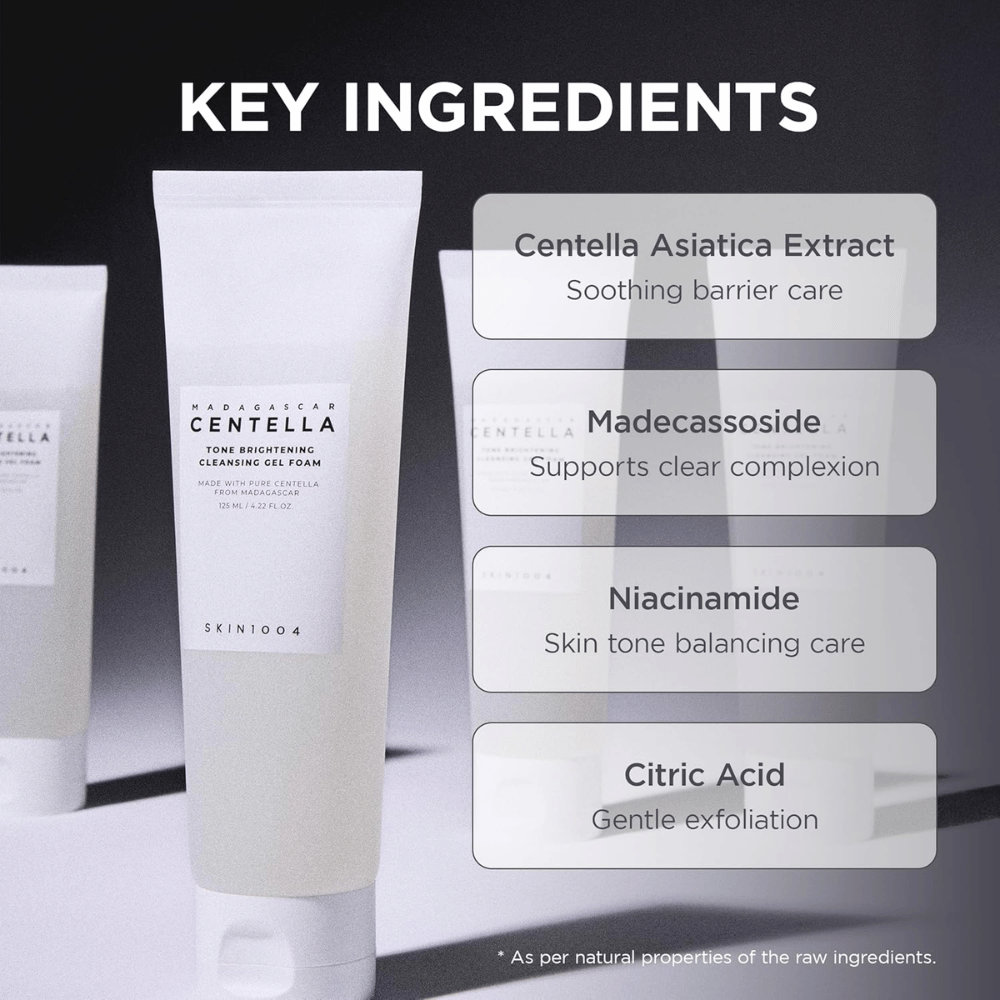 Image mettant en avant les ingrédients clés du produit et leurs fonctions. Les ingrédients sont présentés dans une mise en page claire et moderne, axée sur les propriétés apaisantes et bénéfiques pour la peau.
