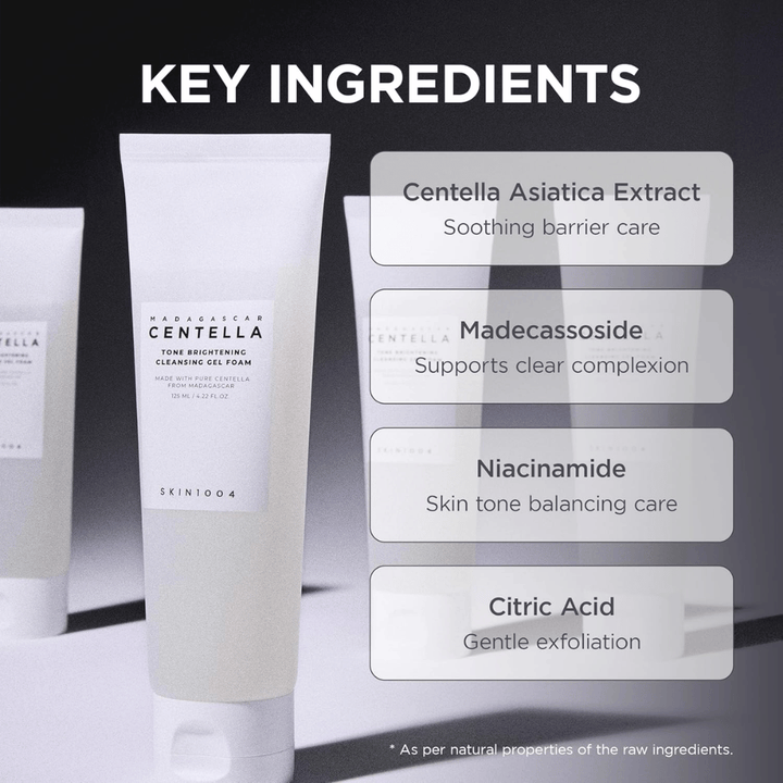 Image mettant en avant les ingrédients clés du produit et leurs fonctions. Les ingrédients sont présentés dans une mise en page claire et moderne, axée sur les propriétés apaisantes et bénéfiques pour la peau.
