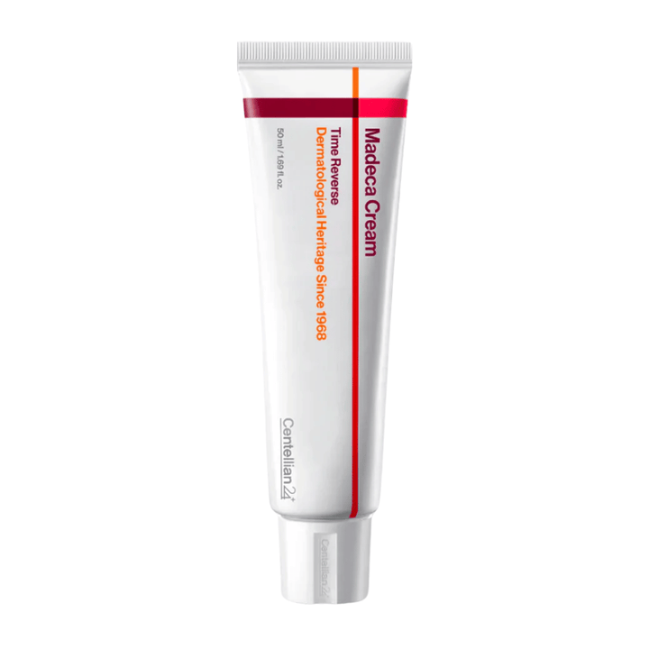 Image du produit de Centellian24 Madeca Cream Time Reverse en tube sur fond blanc, une crème réparatrice pour le visage avec centella asiatica qui renforce la barrière cutanée et convient aux peaux sensibles.