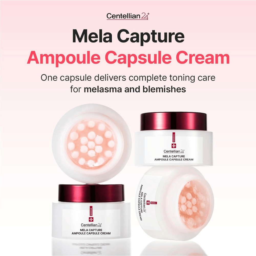 Image du produit Centellian24 Madeca Mela Capture Ampoule Capsule Cream mettant l’accent sur les capsules d’ampoule et la formule développée pour le soin du teint irrégulier et de la pigmentation.